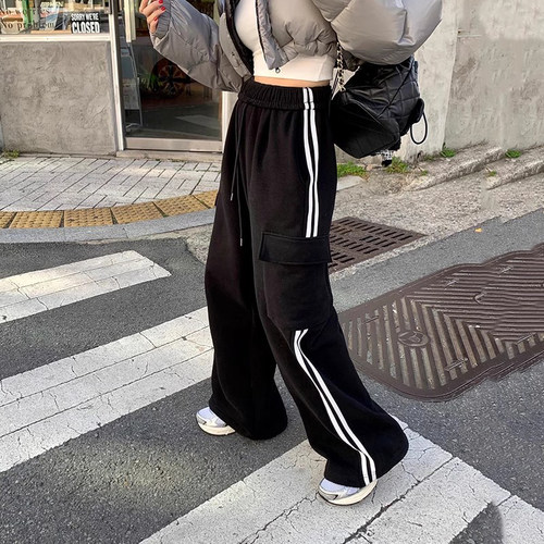 韩国松紧腰加绒工装卫裤