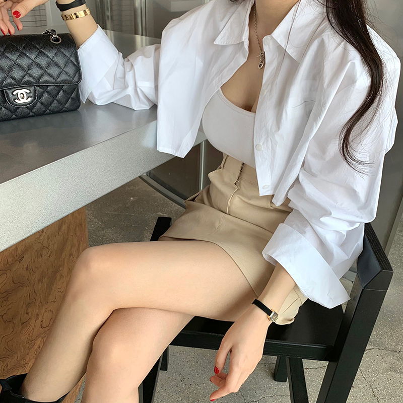 韩国弧形短款衬衫女露脐