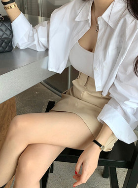 韩国弧形短款衬衫女露脐