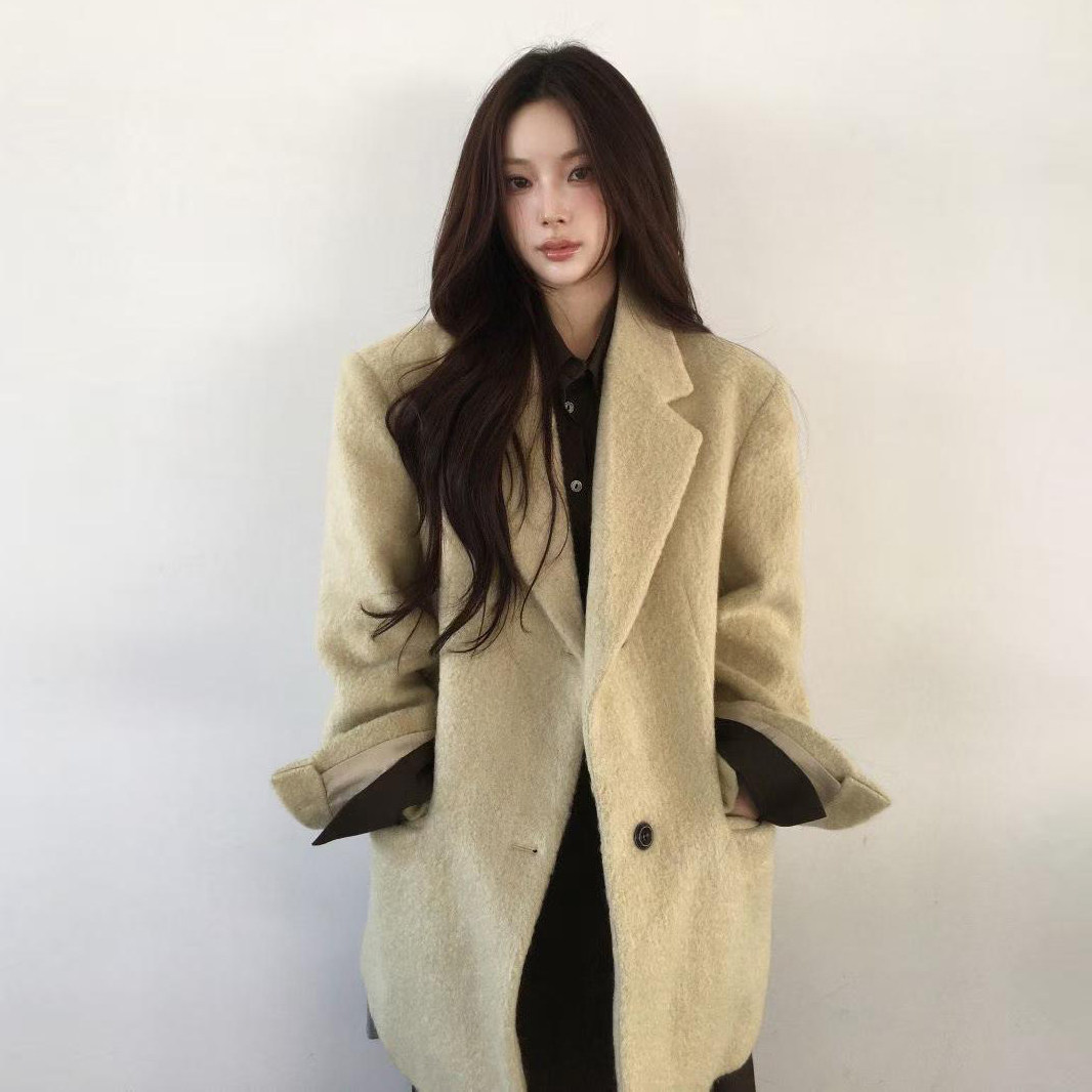 韩国宽松毛呢西装外套女保暖大衣