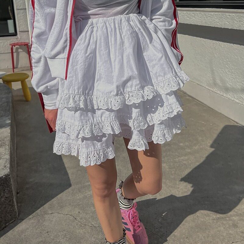 韩国东大门2024夏装新款高腰蕾丝花边A字蛋糕裙半身裙蓬蓬短裙女