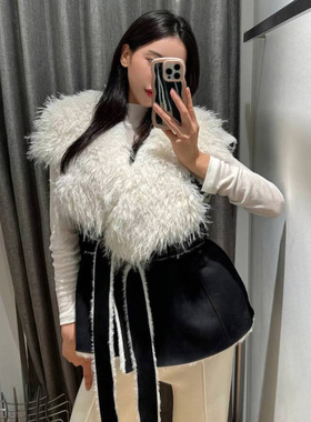 韩国东大门大翻领皮毛一体马甲背心外套女麂皮绒仿狐狸毛皮草大衣