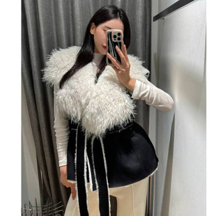 韩国东大门大翻领皮毛一体马甲背心外套女麂皮绒仿狐狸毛皮草大衣