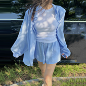 韩国东大门薄款 套装 透气蓝色防晒衬衣两件套女夏海边度假开衫 短裤