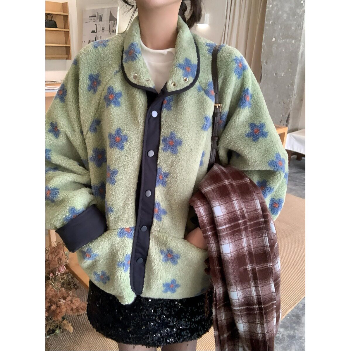 韩国撞色提花羊羔毛外套棉服