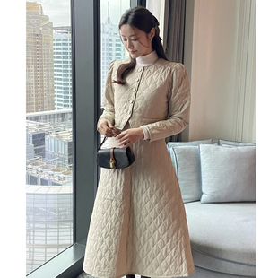 韩国东大门设计感菱形格短款羽绒棉服外套女+背心收腰连衣裙套装
