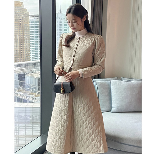 韩国菱形格短款棉服外套背心裙