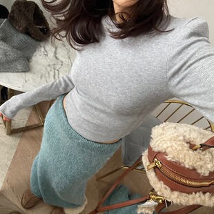 韩国东大门简约圆领修身磨毛加厚保暖打底衫螺纹垫肩弹力长袖t恤