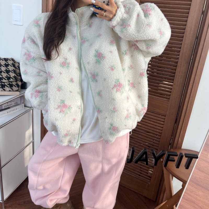 韩国碎花羊羔毛拉链棉服外套
