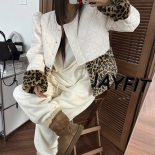 韩国东大门设计感毛毛皮草豹纹拼接菱格纹宽松保暖棉服外套女棉袄