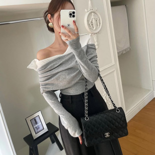 韩国东大门2025春装减龄翻领修身小心机露肩衬衫假两件时尚T恤衫