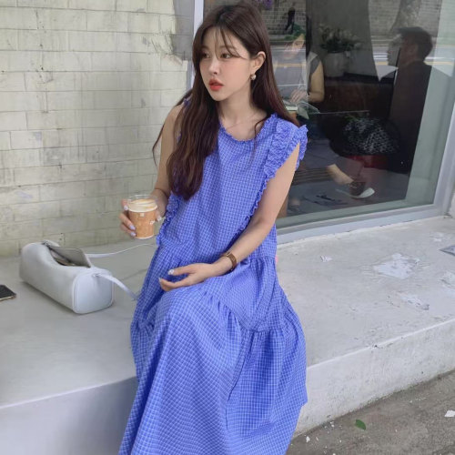 韩国东大门气质小清新减龄木耳边宽松无袖格子连衣裙女背心长裙