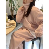 套装 韩国东大门纯色宽松绒面半拉链保暖套头卫衣外套女 休闲卫裤