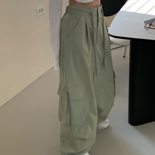 韩国东大门2025夏装新款高腰显瘦宽松抽绳多口袋工装休闲阔腿裤女
