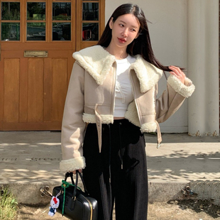 韩国东大门大翻领羊羔毛皮毛一体加厚保暖外套女麂皮绒皮草大衣