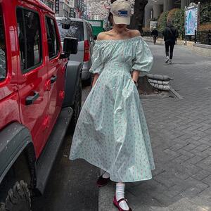 韩国东大门法式温柔碎花度假风长裙一字肩收腰系带蝴蝶结连衣裙女