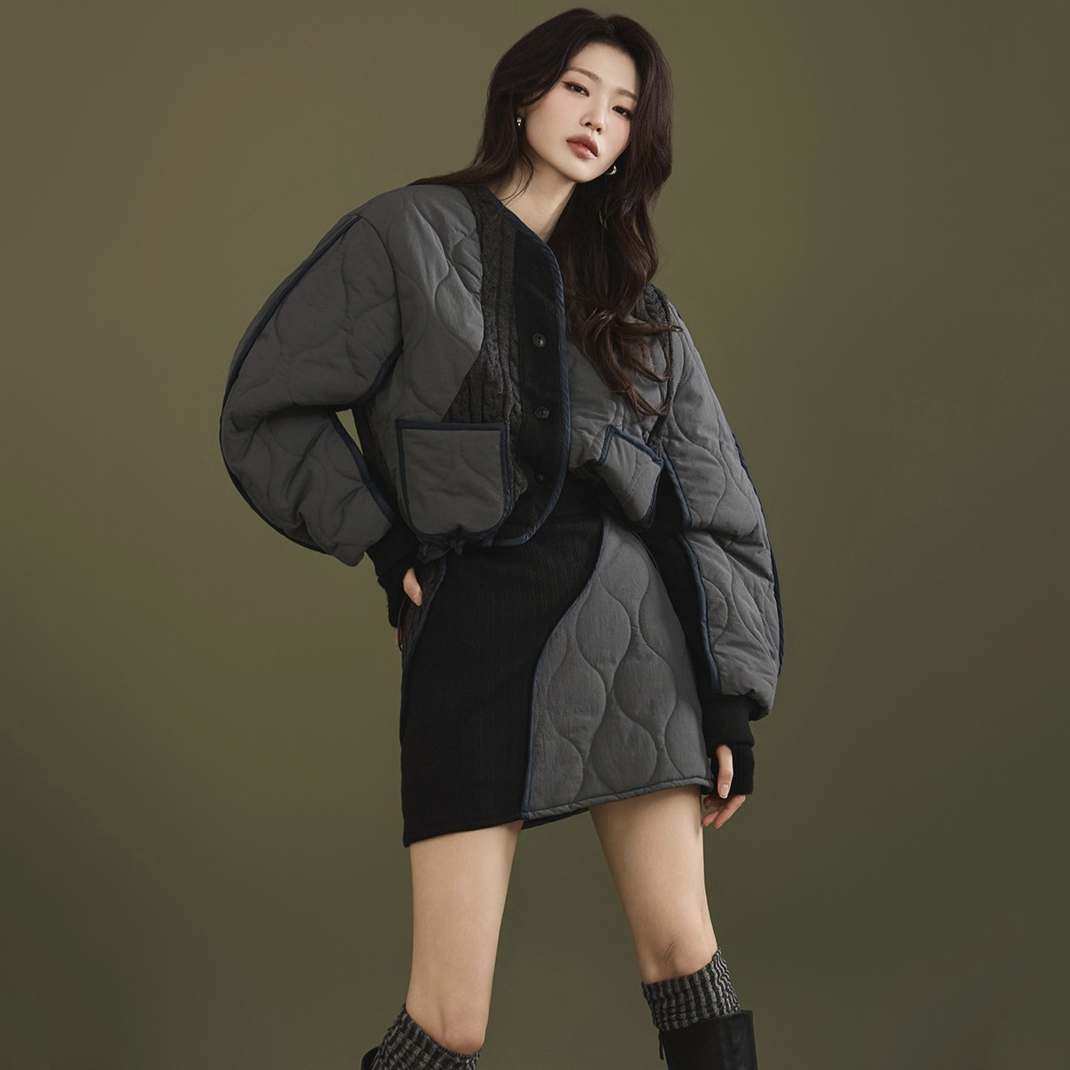 韩国针织拼接衍缝棉服外套+短裙