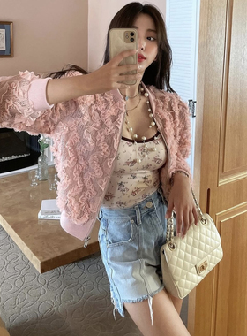 韩国东大门2026春装新款洋气立领镂空蕾丝花边拉链开衫短外套女