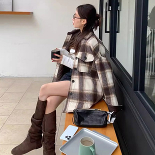 韩国东大门复古格子拼色加厚毛呢外套女宽松中长款夹棉保暖大衣