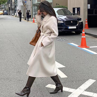 韩国东大门法式高级感气质羊绒大衣西装领中长款过膝毛呢外套女