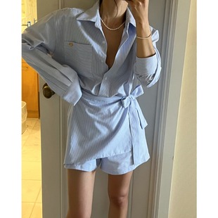 韩国东大门设计感翻领条纹衬衫裙假两件绑带收腰显瘦连体衣裙裤女