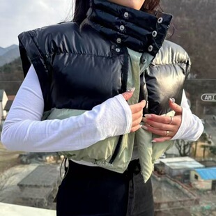 韩国东大门设计感立领拼色抽绳可拆卸袖子短款羽绒面包棉服外套女