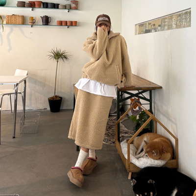 韩国羊羔毛颗粒绒卫衣半身裙