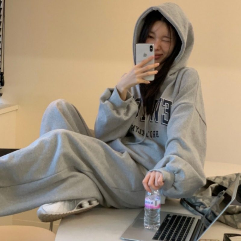 韩国东大门慵懒风连帽宽松字母印花加绒加厚卫衣卫裤休闲运动套装