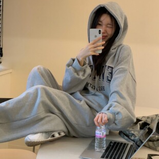 韩国东大门慵懒风连帽宽松字母印花加绒加厚卫衣卫裤休闲运动套装