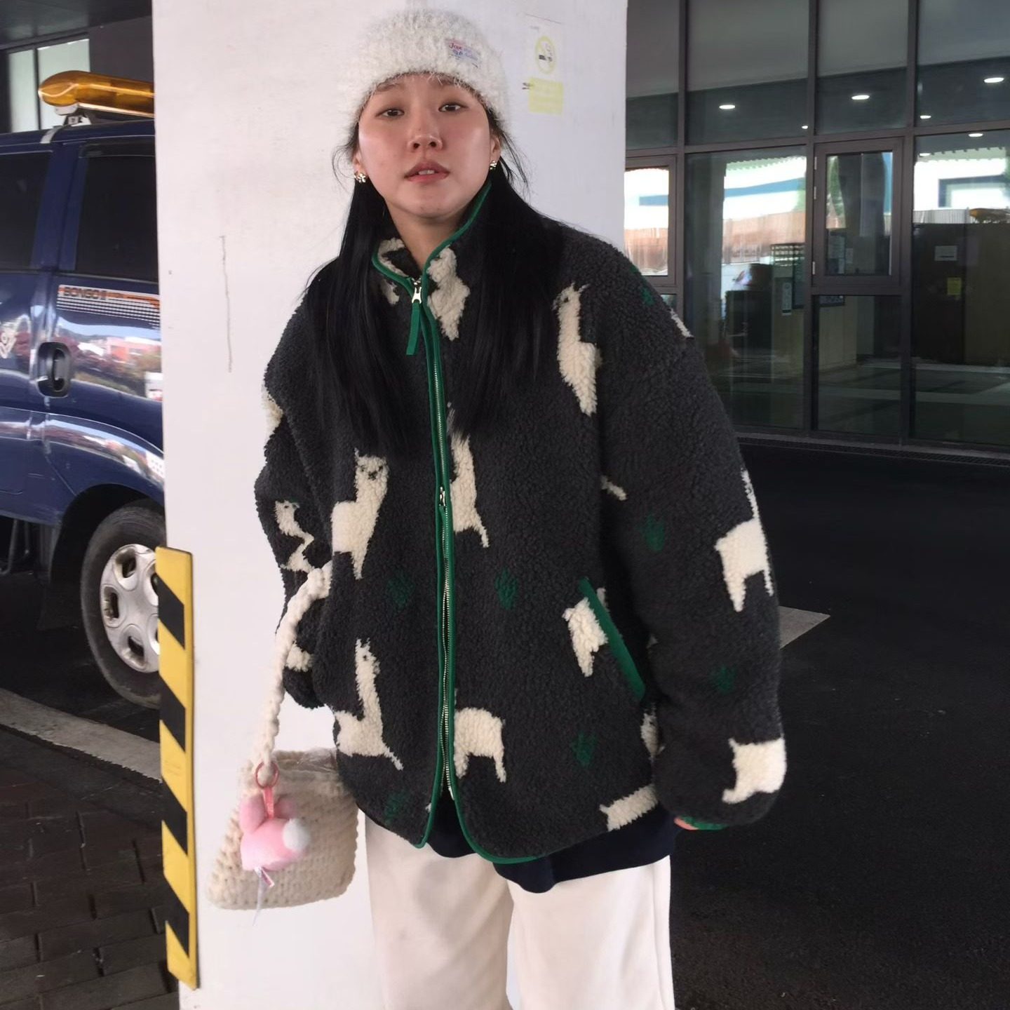 韩国卡通提花羊羔毛保暖棉服外套