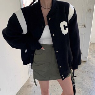 韩国东大门2025秋冬美式C字母毛呢棒球服女加厚飞行员夹克外套女