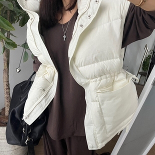 韩国东大门羽绒棉马甲女收腰抽绳开叉加厚大口袋坎肩背心马夹外套