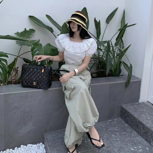 韩国东大门高级感花边领泡泡袖衬衫+工装风口袋直筒阔腿休闲裤女