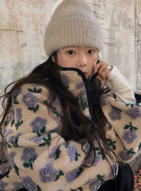 韩国东大门氛围感羊羔毛立体花朵立领卫衣摇粒绒宽松开衫休闲外套