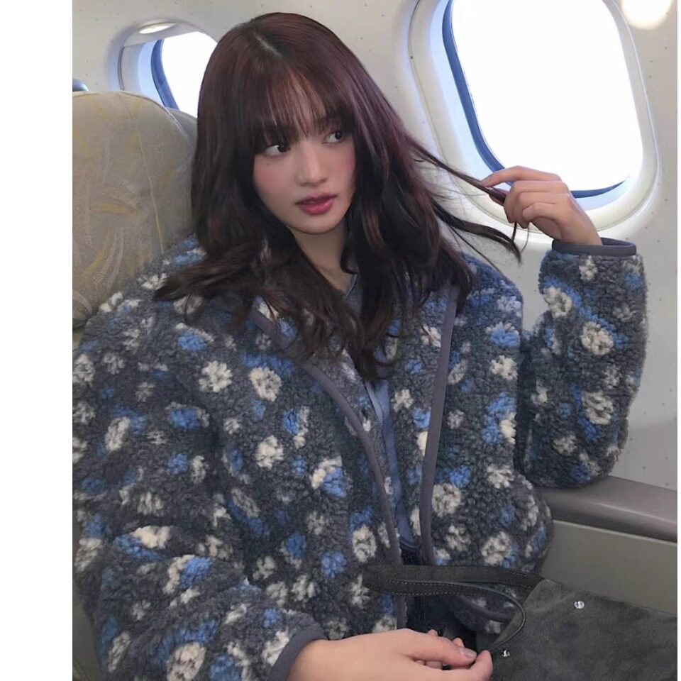 韩国复古宽松提花羊羔毛棉服外套