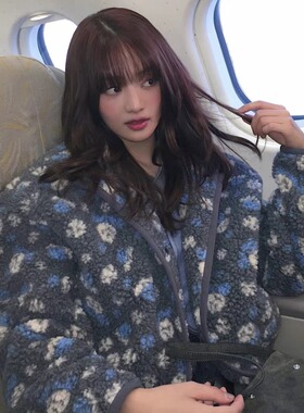 韩国东大门氛围感复古宽松提花摇粒绒棉服外套女羊羔毛保暖卫衣