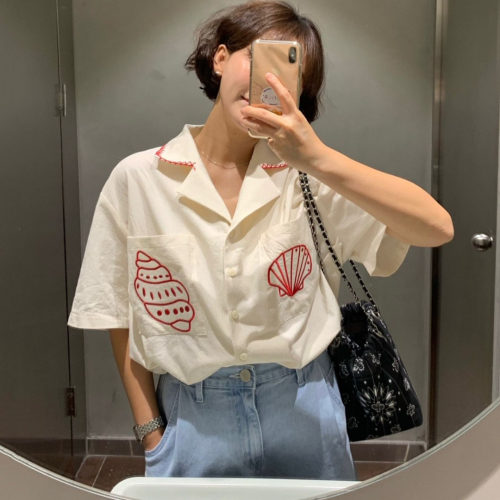 韩国海洋贝壳刺绣翻领短袖衬衫女