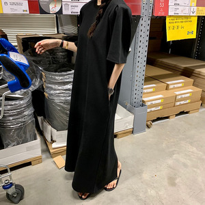 韩国东大门夏季宽松大码长款懒人T恤裙女中长款泡泡袖开叉连衣裙