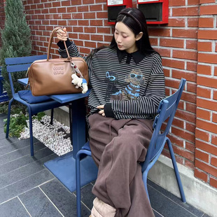 韩国东大门翻领条纹磨毛加厚狗狗图案修身长袖衬衫女打底T恤小衫