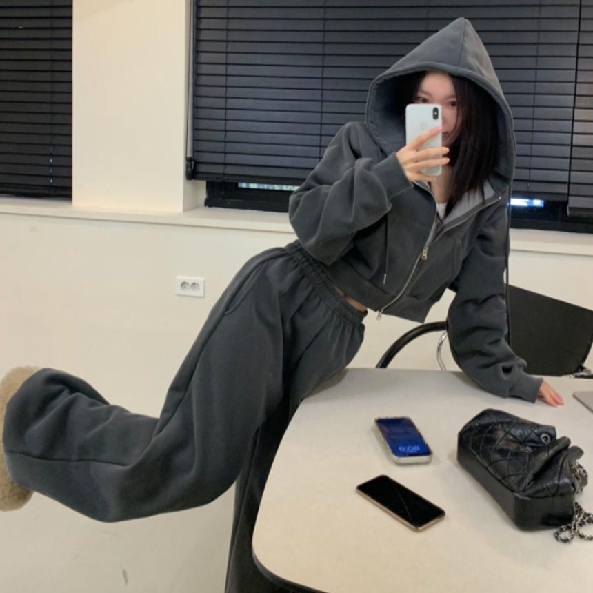 韩国东大门加绒加厚连帽拉链卫衣开衫+高腰阔腿束脚休闲卫裤套装