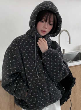 韩国东大门氛围感复古爱心提花羊羔毛连帽抽绳保暖外套摇粒绒卫衣