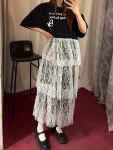 韩国东大门减龄蝴蝶字母印花蕾丝轻薄纱裙拼接短袖连衣裙女蛋糕裙