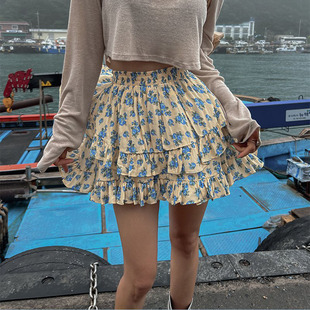 韩国东大门2025夏季甜美高腰碎花荷叶边短裙松紧腰显瘦半身裙裙裤