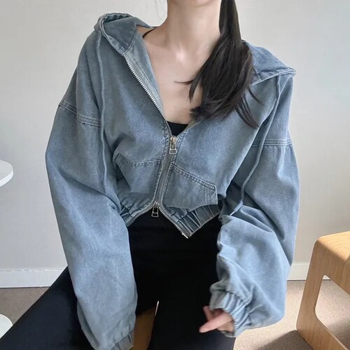 韩国复古连帽收腰牛仔外套女