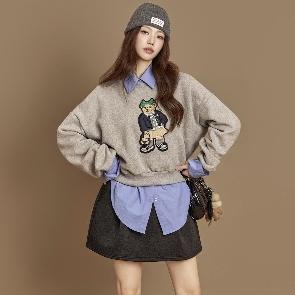 韩国小熊刺绣卡通加绒套头卫衣女