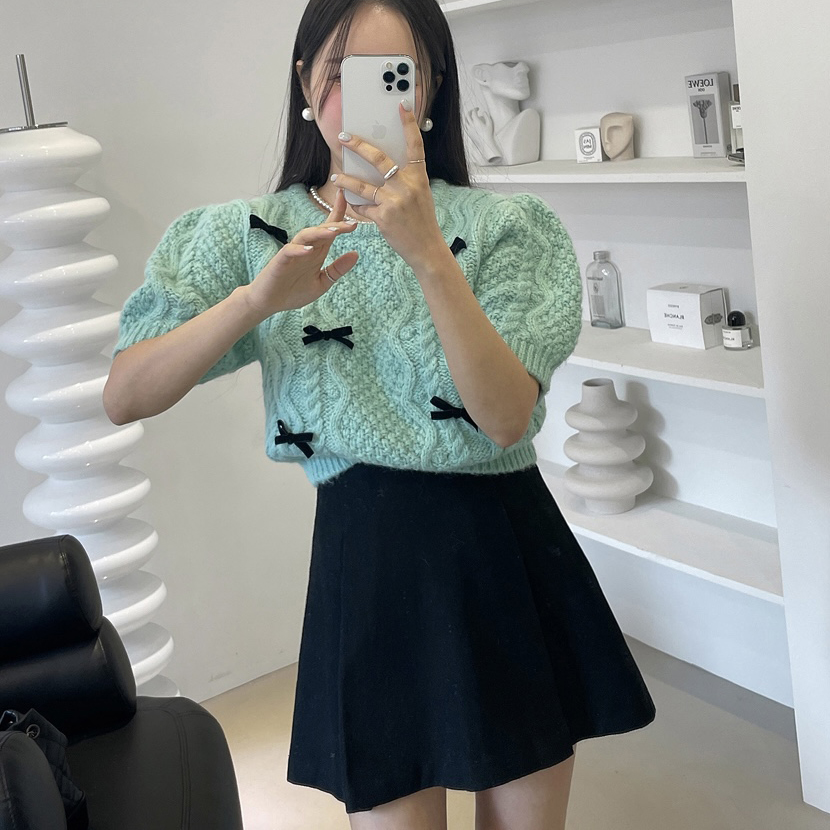 韩国圆领蝴蝶结麻花短袖针织衫