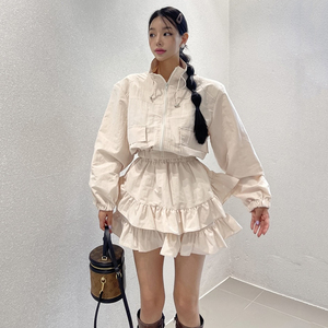 韩国东大门纯色立领宽松拉链夹克外套女+松紧腰荷叶边半身裙套装