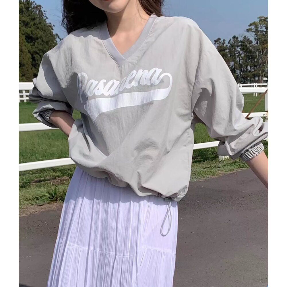 韩国V领字母印花宽松卫衣T恤