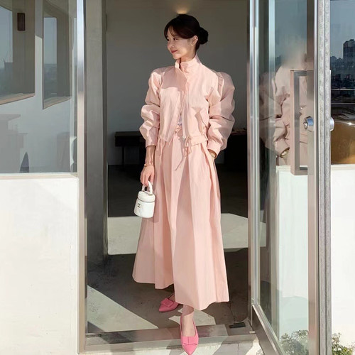 韩国泡泡袖风衣外套半身裙两件套