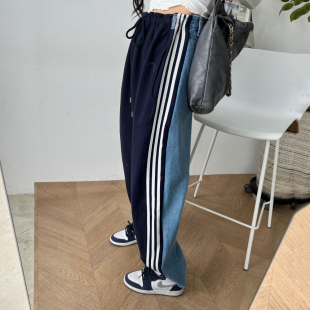 运动裤 高腰卫裤 女 重工拼接竖条杠宽松牛仔裤 韩国东大门2025春季
